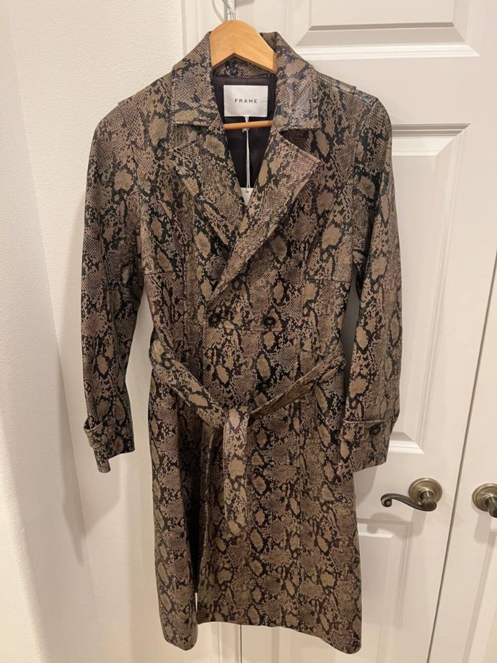 FRAME Embossed Lamb Leather Belted Python Trench Coat
